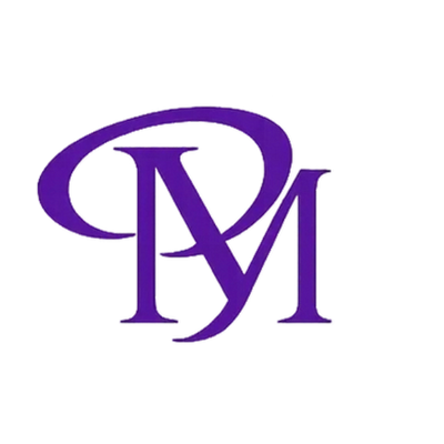 Purple stylized letters "PM" logo with an oval shape around the P.