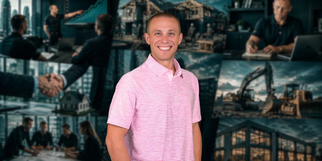 Smiling man in pink-striped shirt with construction and business scenes background.