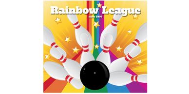 Bowling pins scatter as a black ball strikes in a vibrant Rainbow League poster.
