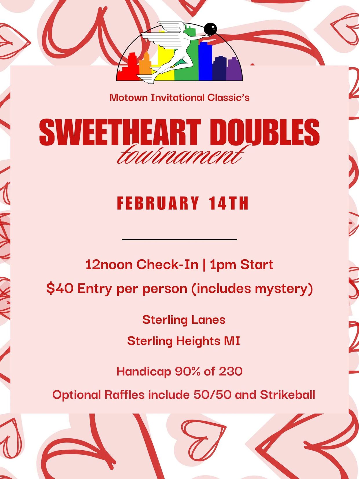 Flyer for Sweetheart Doubles bowling tournament on February 14th at Sterling Lanes.