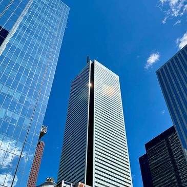 100 King Street West tower from north with sunlight reflection highlighting office of BCL Workplace