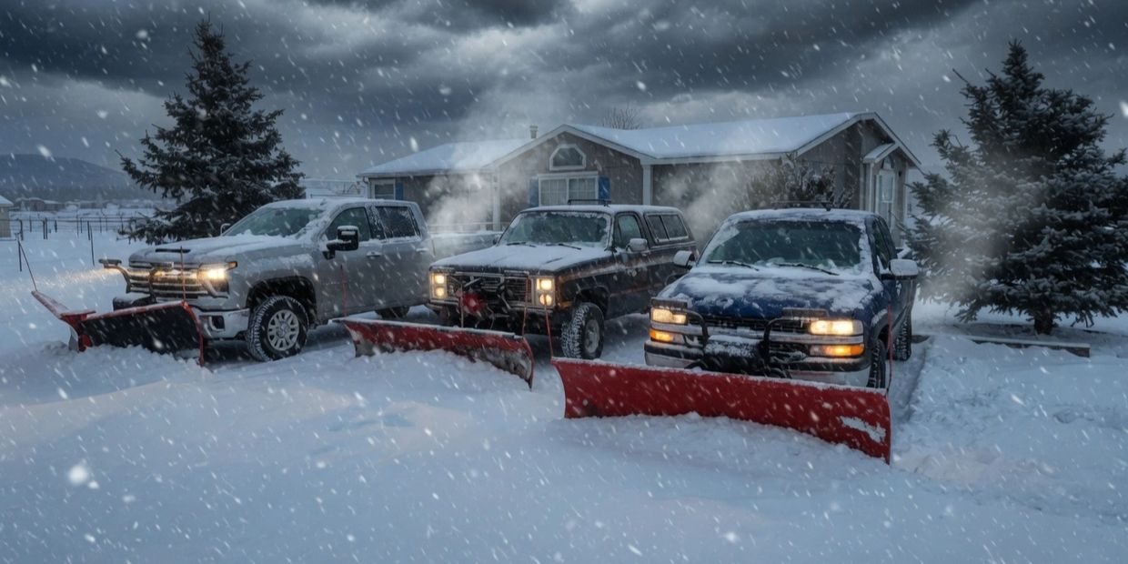 Three snowplow trucks parked in heavy snowfall outside a house.