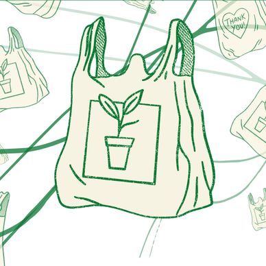 A graphic of multiple plastic bags with eco-friendly designs on each