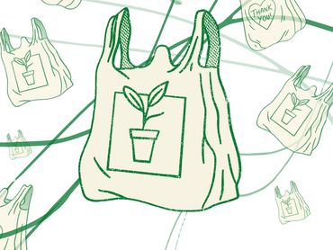 Graphic of plastic bags, each a beige color with green, earth friendly outlines and designs.