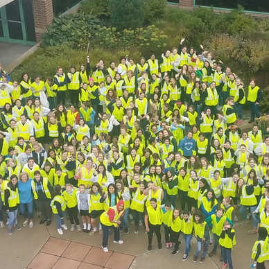 An aerial view photo of an entire school after a group volunteering event
