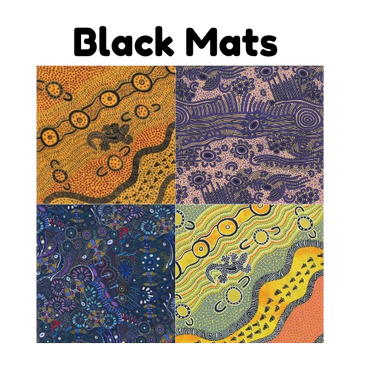 Four vibrant Indigenous Australian dot paintings with intricate patterns and animal motifs.