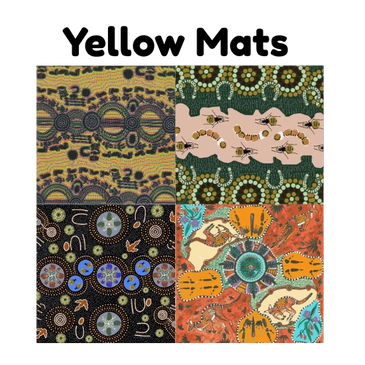 Four intricate Aboriginal dot paintings with symbolic patterns and animals.