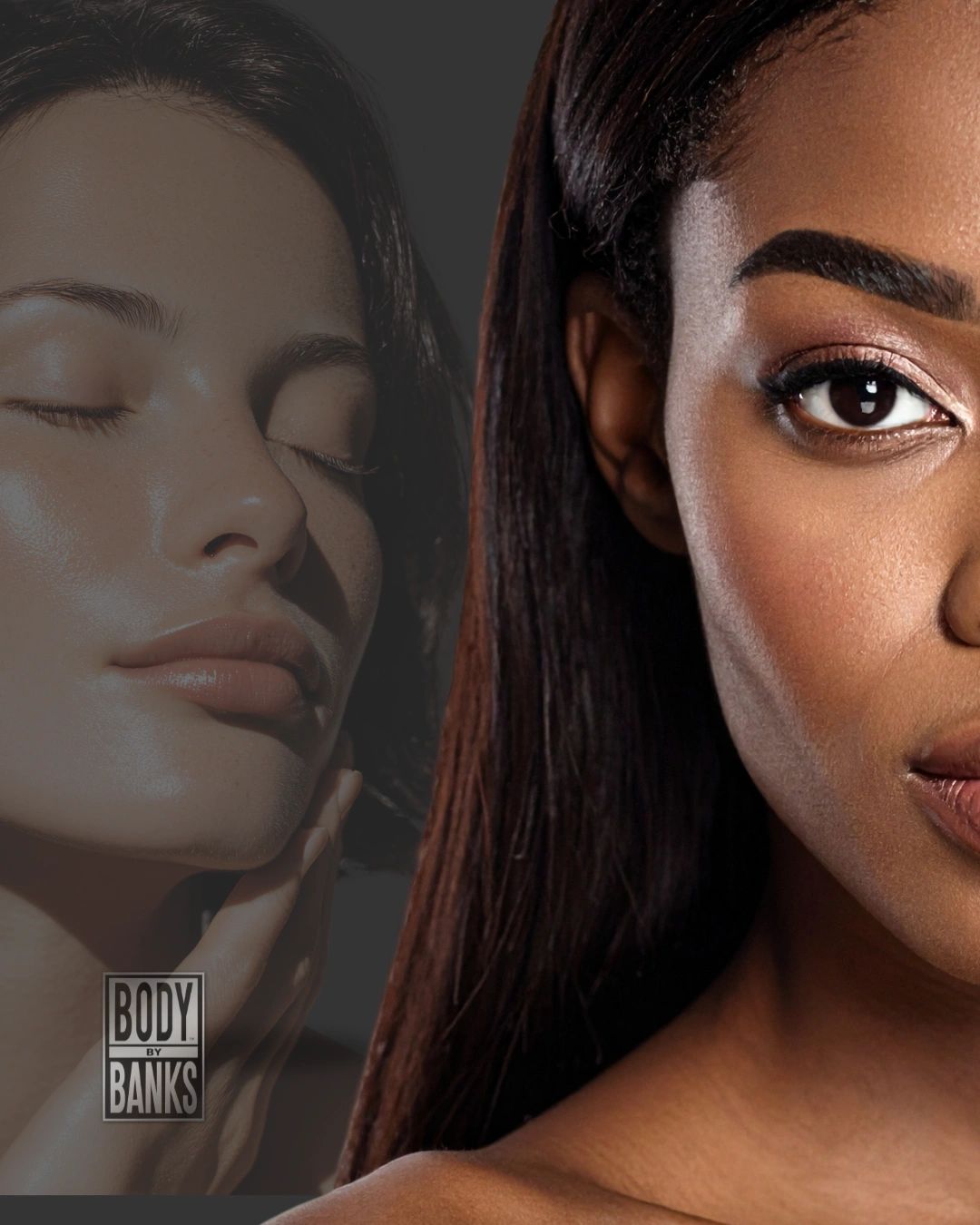 Half face of a woman with smooth skin and another woman in the background.