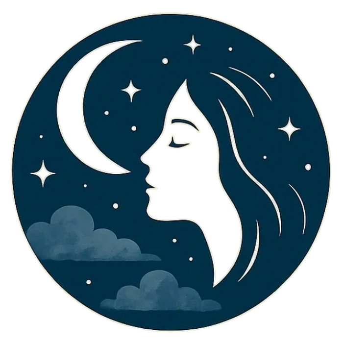 Silhouette of a woman's face merged with a crescent moon and stars.