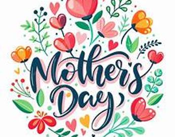Colorful floral Mother's Day greeting with hearts and leaves.