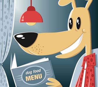Smiling cartoon dog holding dog food menu