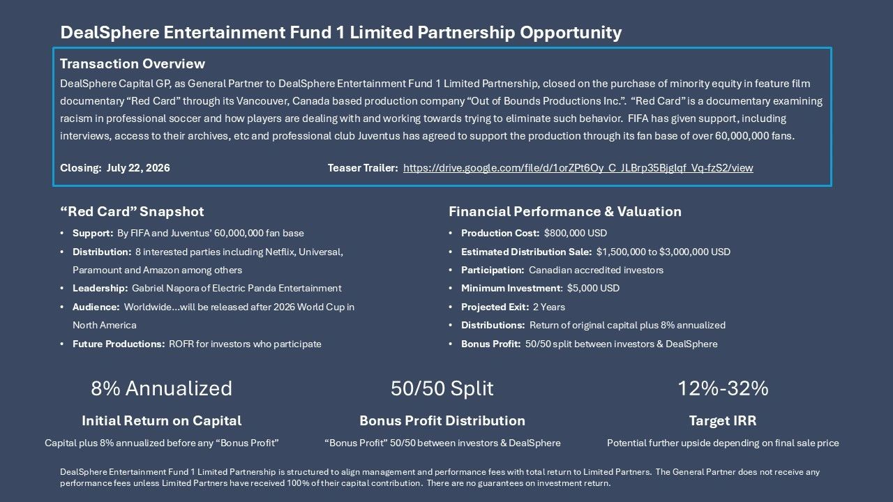 Investment opportunity in documentary film 'Red Card' with FIFA support and 60M fan base.