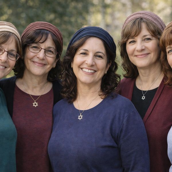 Group of women wearing head coverings and Star of David necklaces.