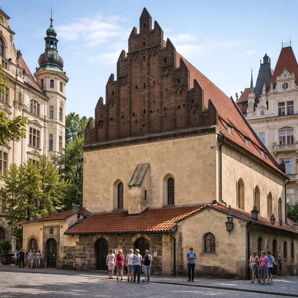 Old Jewish synagogue with people outside.