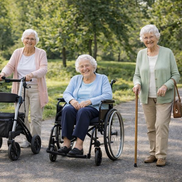 Three elderly women outdoors, one in wheelchair.