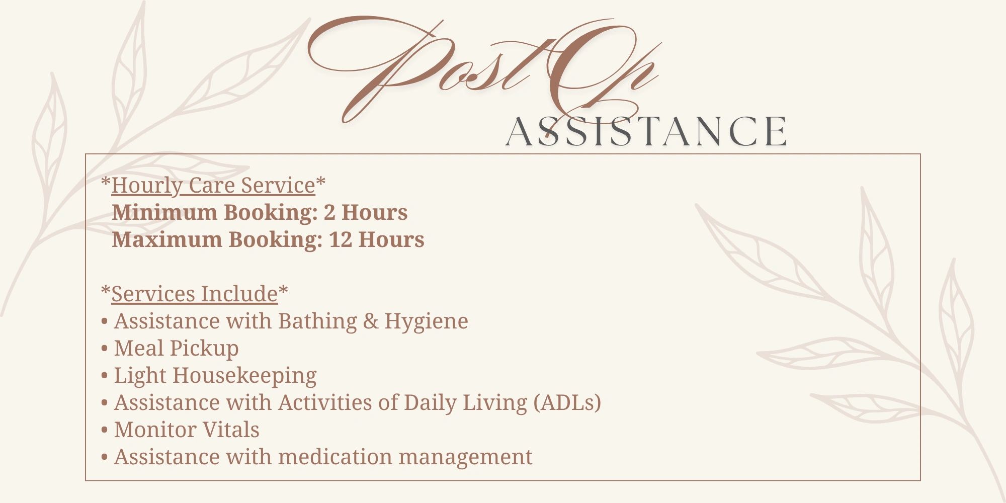 Post Oh Assistance hourly care service details and included services.