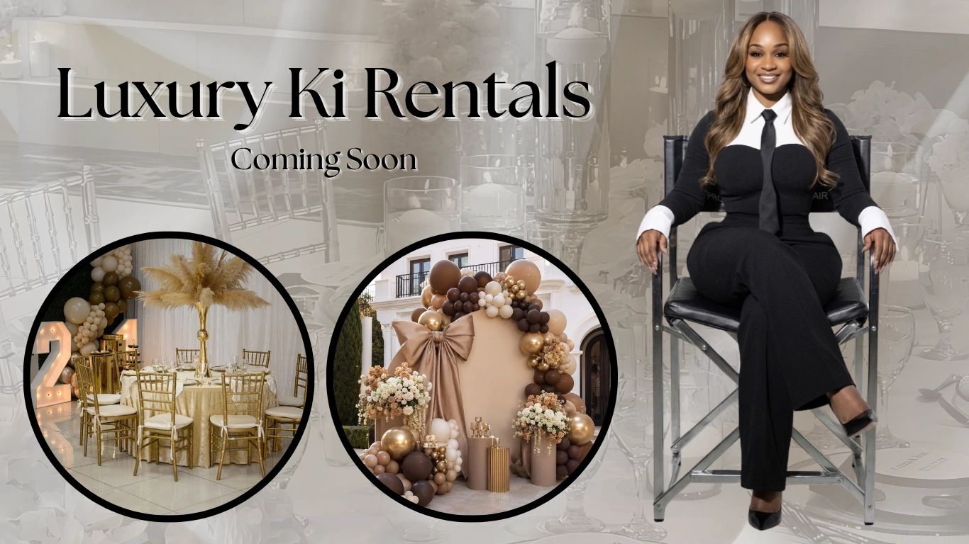 Luxury Ki Rentals coming soon with elegant decor and a poised woman.