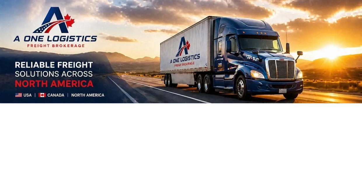 A One Logistics truck on a highway at sunset, offering freight solutions across North America.