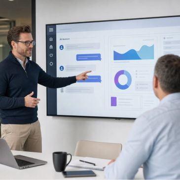 Man presenting data on a screen to a colleague.