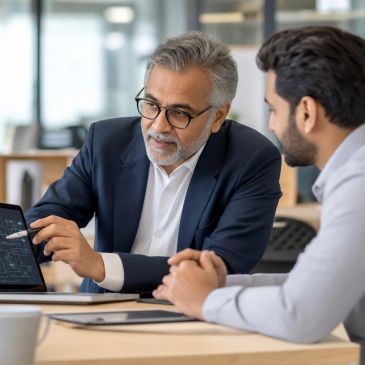 Senior professional explaining technical details to a younger colleague.
