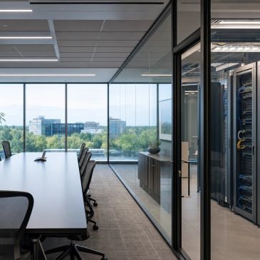 Modern office conference room with glass walls overlooking greenery and city buildings.