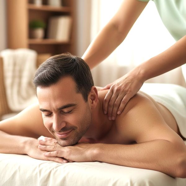 In home massage therapist delivers relaxation massage to client using mobile massage now.