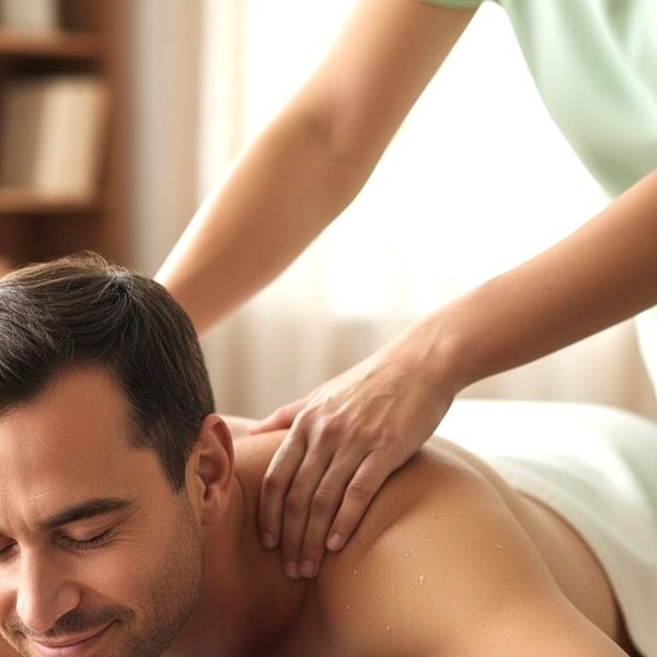 In home massage therapist delivers relaxation massage to client using mobile massage now.