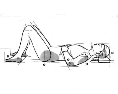 Illustration of a person lying on their back with knees bent and hands on chest.
