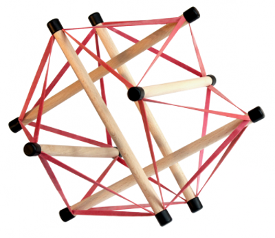A wooden and elastic band geometric toy with interconnected sticks.