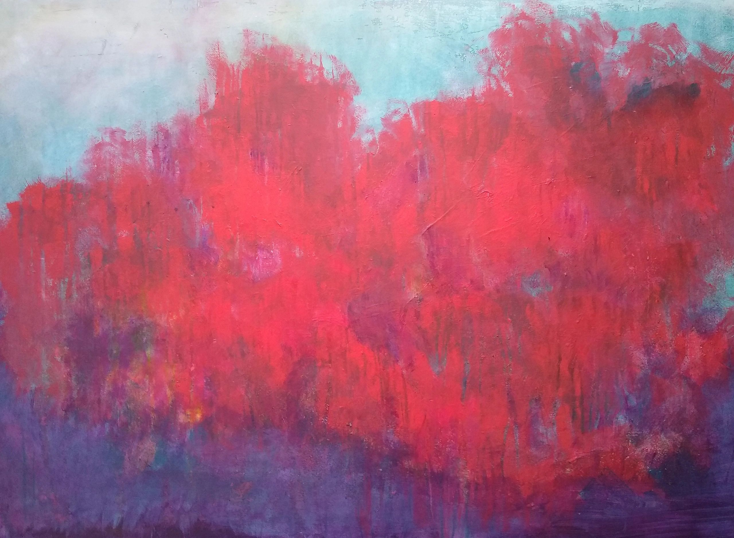 Abstract painting with bold red, purple, and light blue hues blending together.