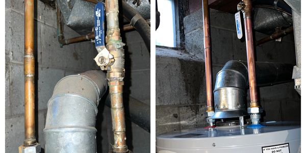 Before and after images of a water heater replacement in a basement.