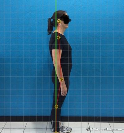 Side view of a person with posture alignment markers against a blue grid background.