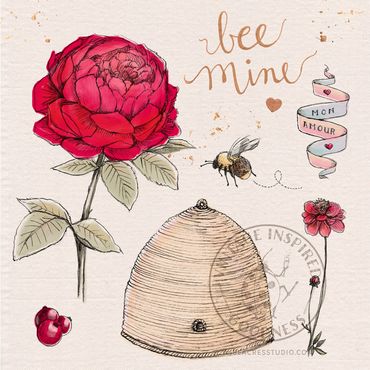 Bee Mine illustration with vintage style peony flower and hive by Kerri Elliott | Wiseacres Studio