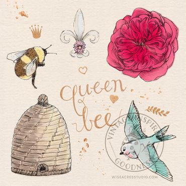 Queen bee illustration with vintage style rose, bird, and hive by Kerri Elliott | Wiseacres Studio