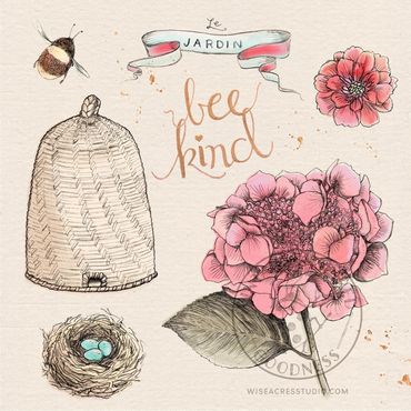 Bee Kind illustration with vintage style hydrangea and hive by Kerri Elliott | Wiseacres Studio