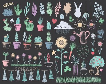 Cute hand drawn chalk art cactus, succulent, sunflower, trees and grass digital clipart set