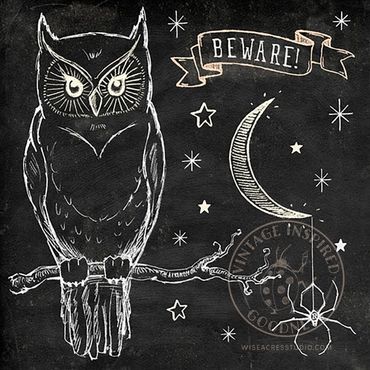 Vintage style Halloween owl, moon and starry sky chalk artwork by Kerri Elliott | Wiseacres Studio. 