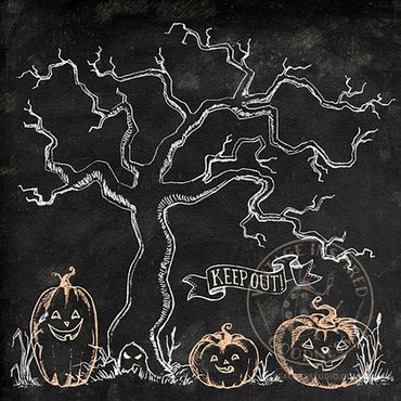 Vintage Halloween style Jack o Lanterns and tree chalk artwork by Kerri Elliott | Wiseacres Studio. 