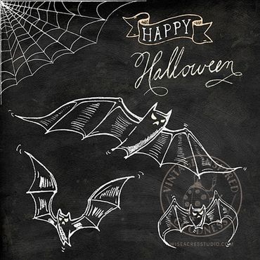 Vintage style Halloween bats and spiderweb chalk artwork by Kerri Elliott | Wiseacres Studio. 