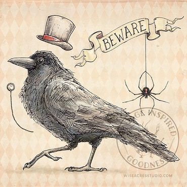 Vintage Halloween style Crow with spider, tophat and monocle by Kerri Elliott | Wiseacres Studio. 
