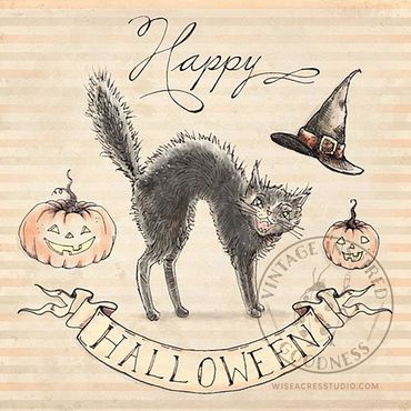 Vintage Halloween style Black Cat and hat artwork by Kerri Elliott | Wiseacres Studio