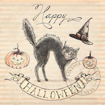 Vintage style Halloween Hissing Black Cat artwork by Kerri Elliott | ArtnerDluxe | Wiseacres Studio