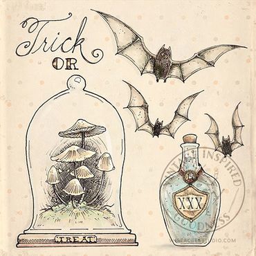 Vintage Halloween Trick or Treat mushrooms artwork with bats by Kerri Elliott | Wiseacres Studio. 