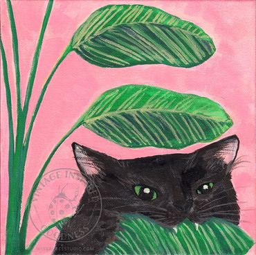 Cute gouache painting of a black cat snacking on a green plant leaf, with a pastel pink background.