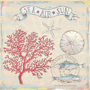 Red coral artwork with fish, seashells, sand dollar and starfish by Kerri Elliott | Wiseacres Studio