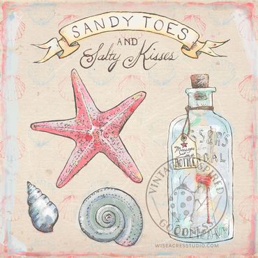 Starfish artwork with seashells, message in a bottle, and banner by Kerri Elliott | Wiseacres Studio
