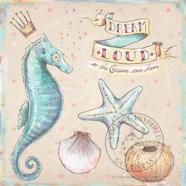 Seahorse artwork with crown, seashells, starfish and old banner by Kerri Elliott | Wiseacres Studio