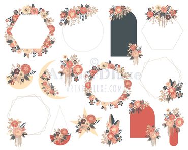 Painted flowers, moon and frames clipart set by Kerri Elliott | ArtnerDluxe | Wiseacres Studio