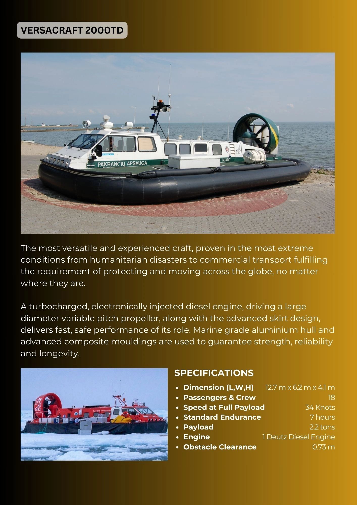 Versacraft 2000TD hovercraft designed for extreme conditions and reliable performance.