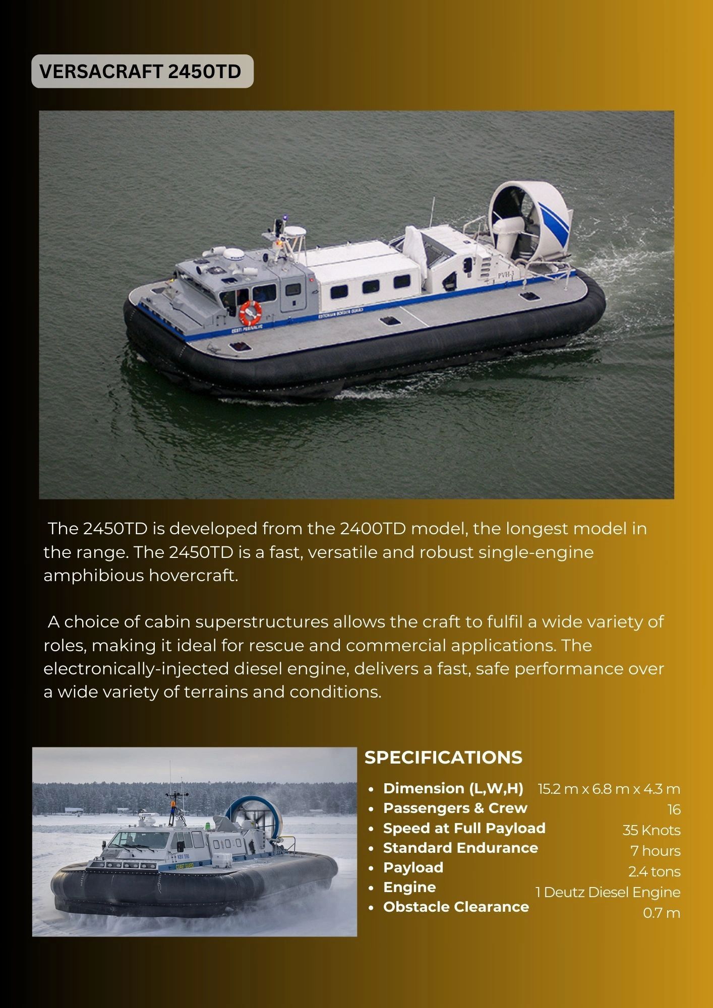 Versacraft 2450TD amphibious hovercraft designed for rescue and commercial use.
